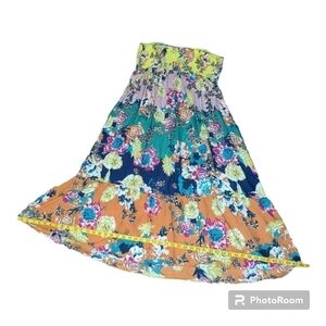 Anthropologie Smocked Maxi Dress Petite large spaghetti strap floral print red